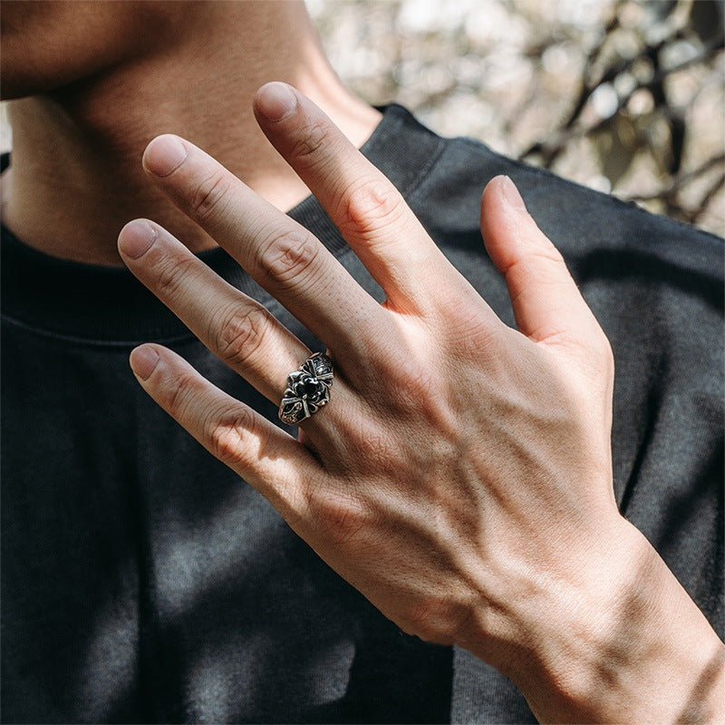 Vintage Lotus Cross Black Stone Ring (Gothic Dark Band)