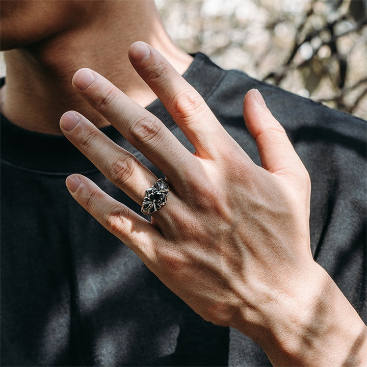 Vintage Lotus Cross Black Stone Ring (Gothic Dark Band)