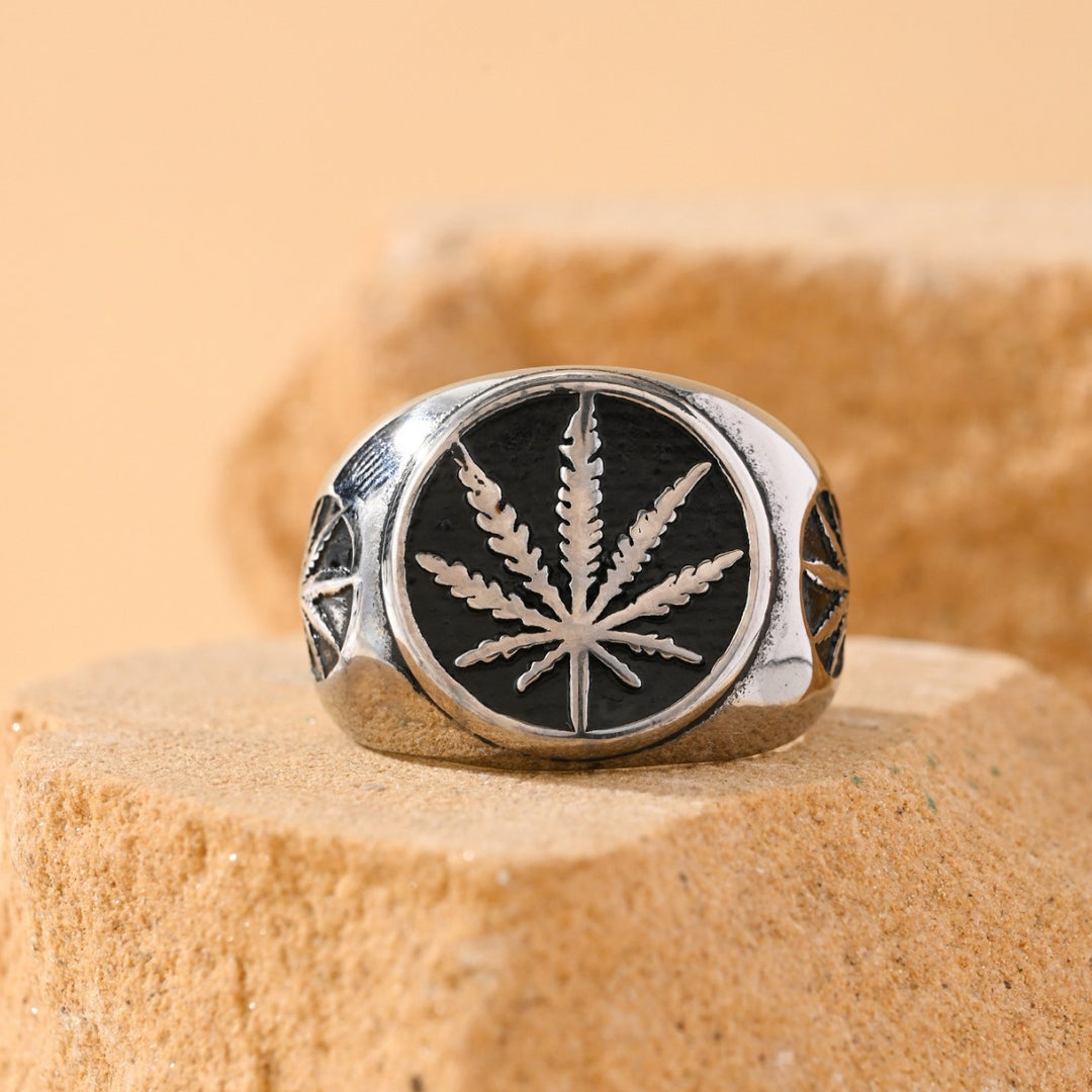 Vintage Maple Leaf Embossed Two-Tone Signet Ring, S925 Silver Gold & Silver Two Tone Street Wide Band For Men