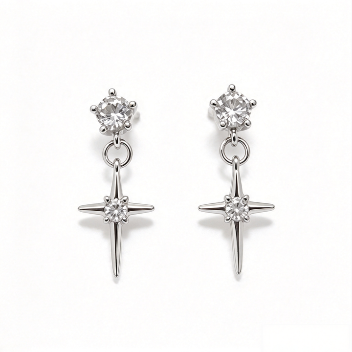 Star Drop S925 Silver Stud Earrings, Double Diamond Cross Star Dangle Earrings, Cool Luxury Unisex Earrings