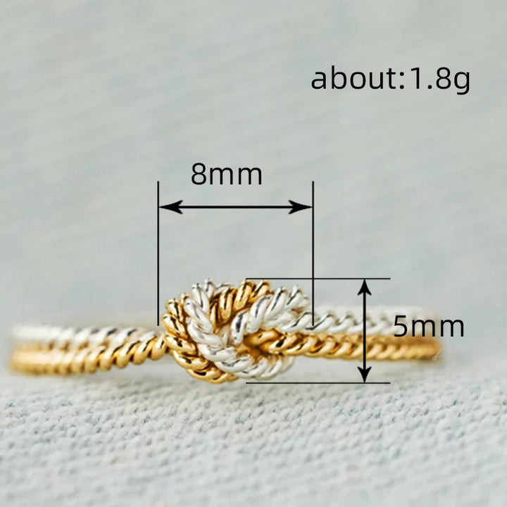 Two‑Tone Gold & Silver Twisted Cord Love Knot S925 Silver Ring, Intertwined Knot Thin Band Ring