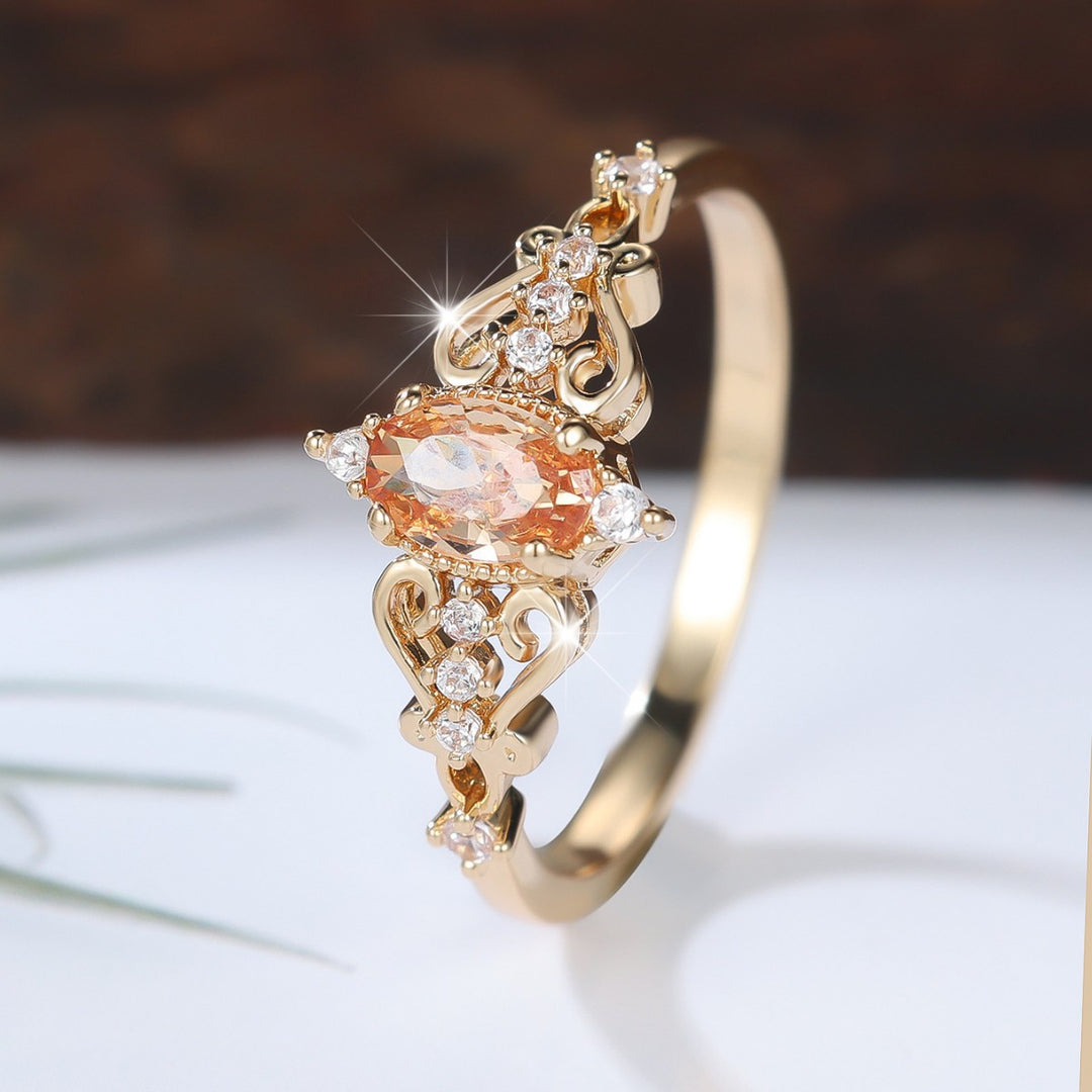 Vintage Vine Hollow Oval Champagne Diamond Ring, Luxury Court Style Gold Plated Delicate Thin Band for Women