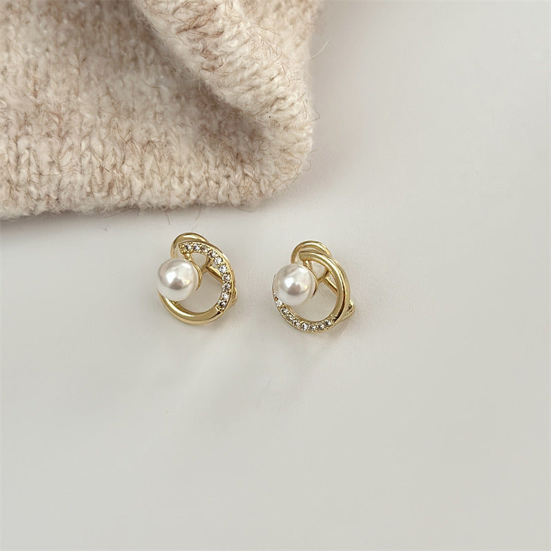 Crescent Paved Diamond Pearl S925 Silver Stud Earrings, Minimalist Luxury C-shaped Pearl Small Earrings