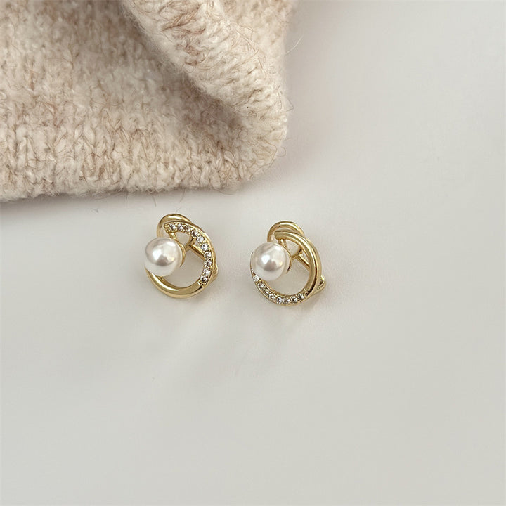 Crescent Paved Diamond Pearl S925 Silver Stud Earrings, Minimalist Luxury C-shaped Pearl Small Earrings