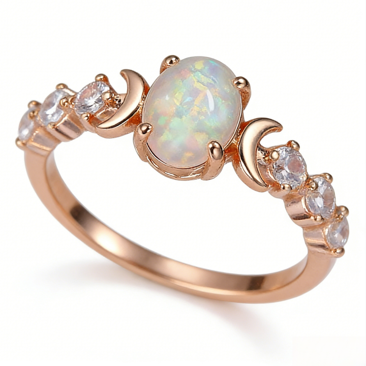 Moon & Star Opal Rose Gold Ring (Dreamy Girly Statement Band)