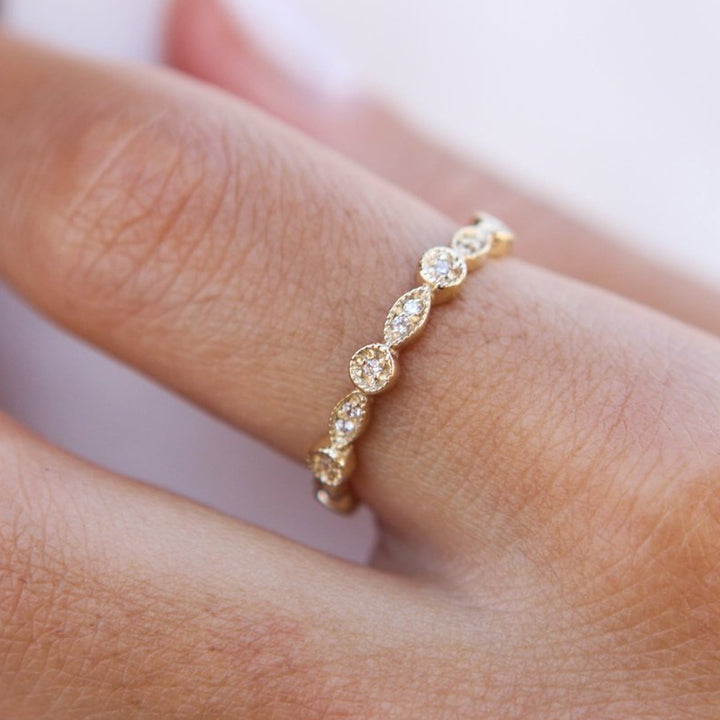 Vintage Milgrain Marquise Alternating Band, European Embossed Diamond Half Eternity Ring Gold Silver Stackable Wedding Guard Band