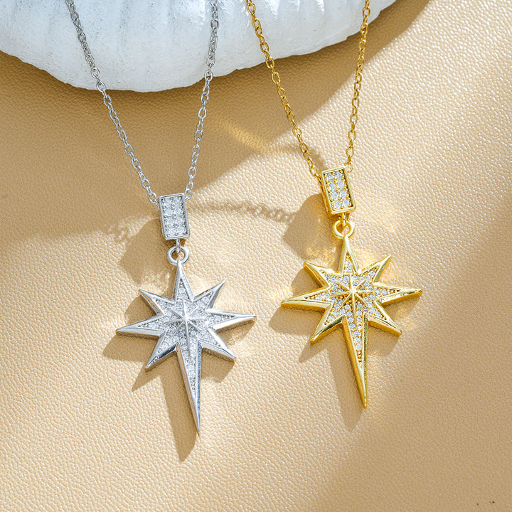 Full Paved Eight-Pointed Star Pendant Necklace, European Luxury Dainty Shining Star Clavicle Necklace for Women