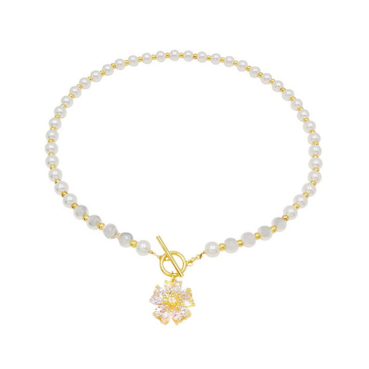 Pearl Beaded Pave Diamond Cherry Blossom OT Clasp Collarbone Necklace, Gentle Girly French Floral Pearl Chain