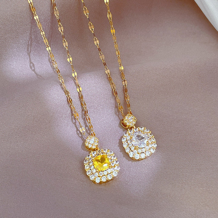 Square‑Cut Double‑Layer Halo Pendant Choker Necklace, Two‑Color Options
