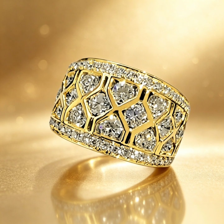 S925 Silver Grid Hollow Full‑Paved Wide Ring, Hip‑Hop Multi‑Stone Paved Men Band