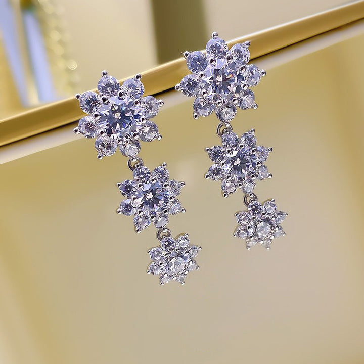 Three-Tier Snowflake Cluster Diamond Long S925 Silver Dangle Earrings, Gorgeous Full Stone Drop Earrings for Banquet