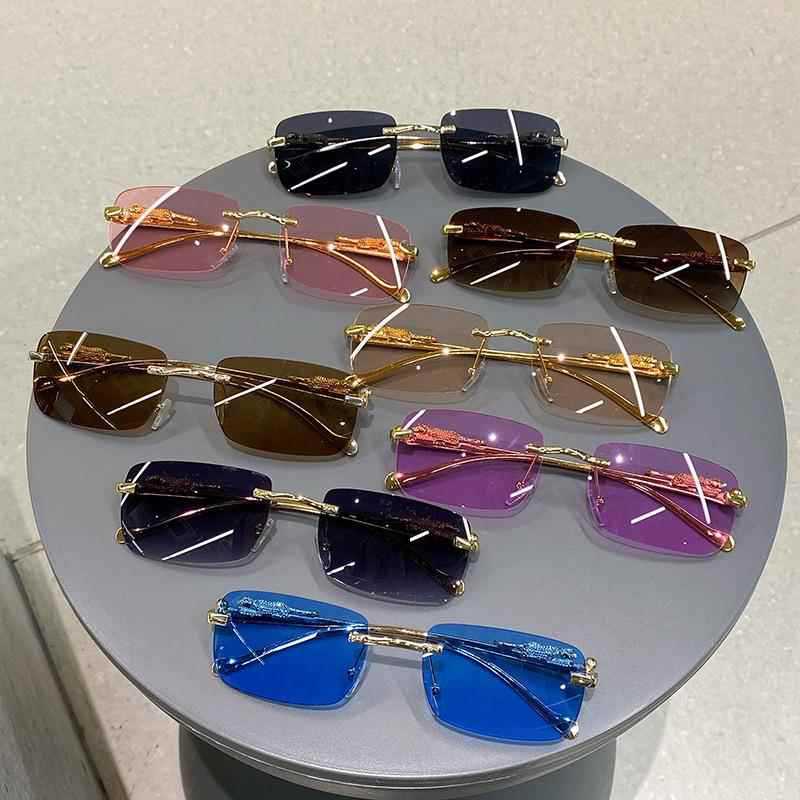 Luxury Leopard Carved Rimless Cut Sunglasses, Multi Gradient UV Protection Shades