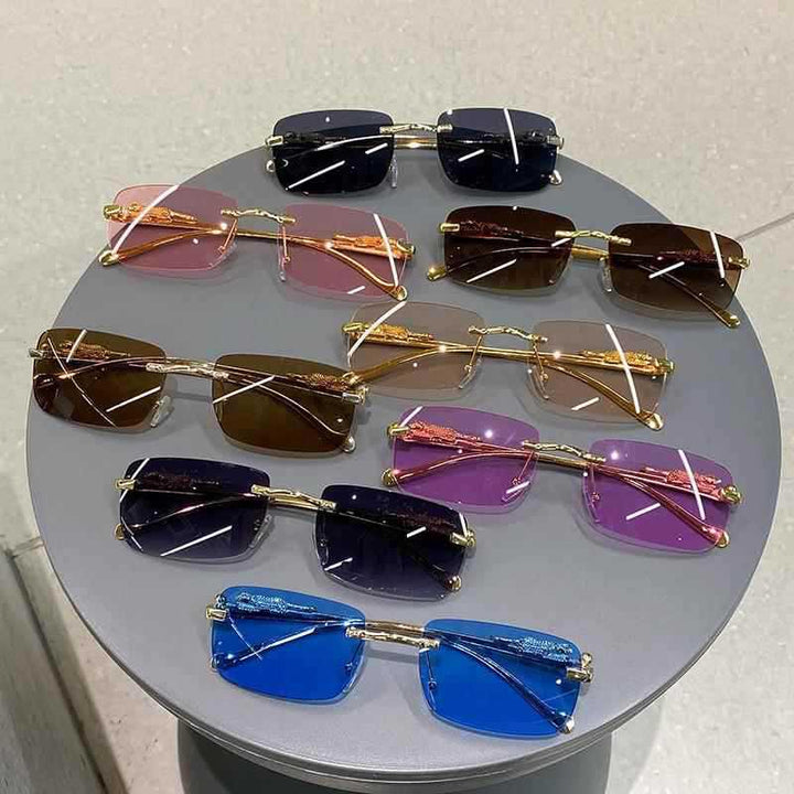 Luxury Leopard Carved Rimless Cut Sunglasses, Multi Gradient UV Protection Shades