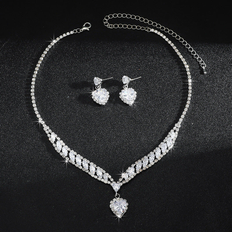 S925 Silver Heart Diamond Necklace & Earring Set, V-shaped Rhinestone Jewelry 2-Piece Set for Wedding & Banquet, Gold & Silver Two Tones