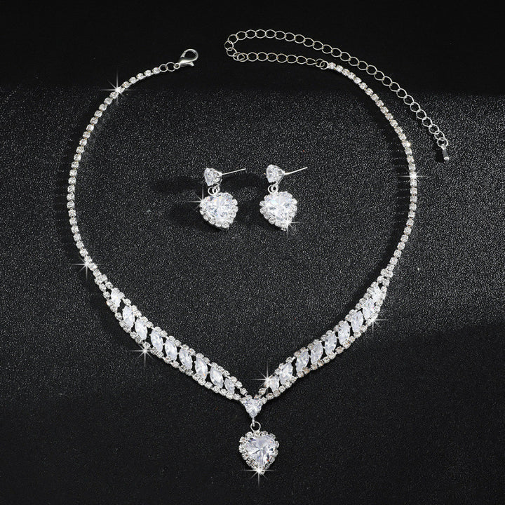 S925 Silver Heart Diamond Necklace & Earring Set, V-shaped Rhinestone Jewelry 2-Piece Set for Wedding & Banquet, Gold & Silver Two Tones