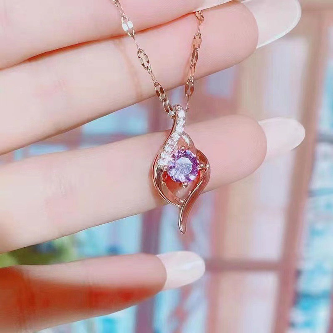 Luxury Streamlined Twisted Purple Diamond Necklace, Elegant Gold Paved Clavicle Chain for Women