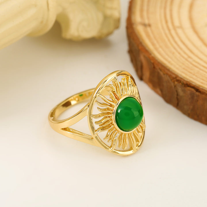 Openwork Sunburst Green Chalcedony Bezel Ring, Solid S925 Silver Gold-Plated Vintage Sun God Unique Band