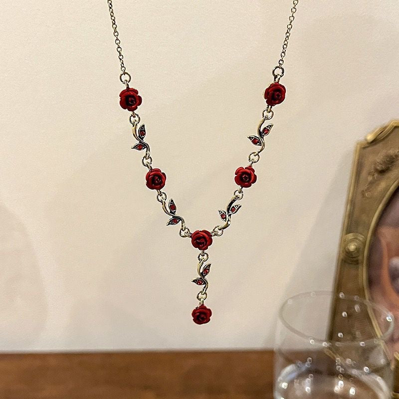Vintage Red Rose Jewelry Set, S925 Silver Stud Earrings Rose Necklace & Bracelet 3Pcs Set