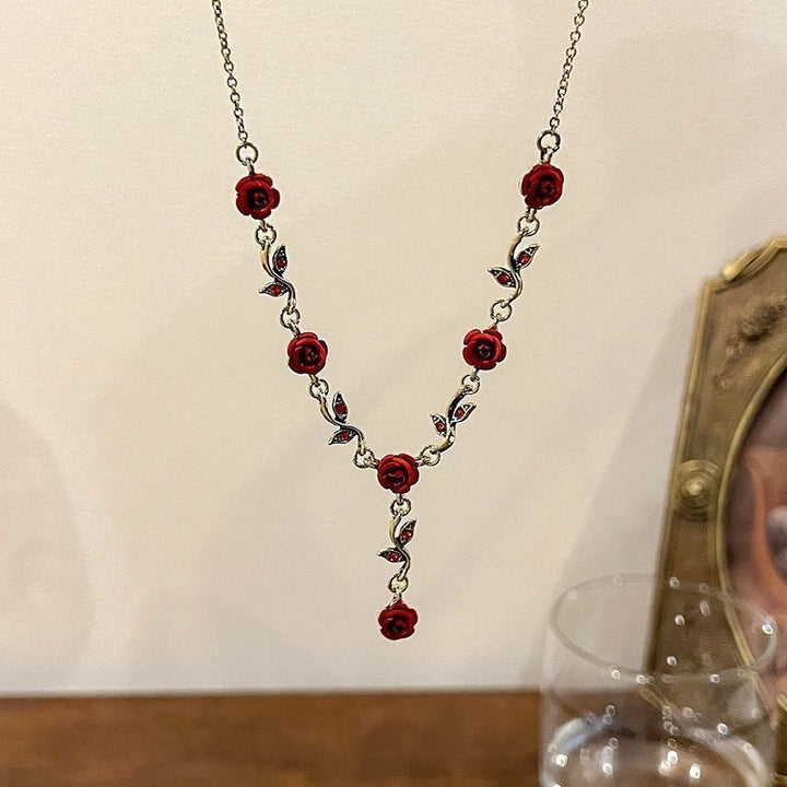 Vintage Red Rose Jewelry Set, S925 Silver Stud Earrings Rose Necklace & Bracelet 3Pcs Set