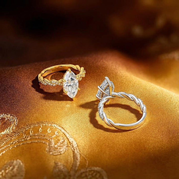 Marquise Twisted Engagement Ring Set, Vine Twist Main Ring & Baguette Eternity Band 2Pcs Stacking Wedding Rings Gold Silver Bridal Jewelry