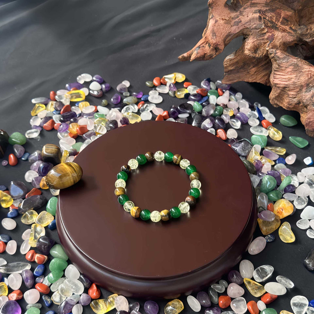 Wealth Triple Natural Crystal Bracelet, Tiger Eye Jade Rutilated Quartz Prosperity Bead