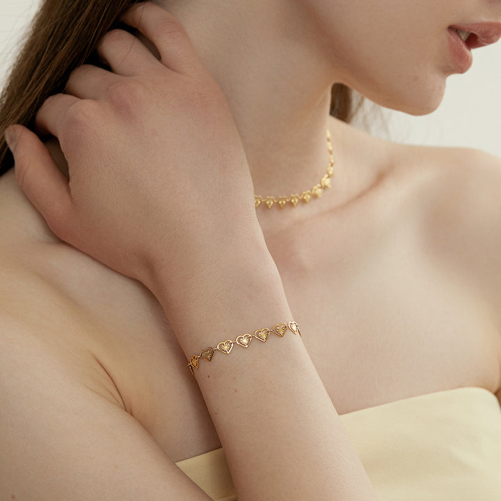 Hollow Embossed Heart Jewelry Set Necklace & Bracelet, Gold & Silver Two-Tone All-Match Heart Chain Matching Jewelry
