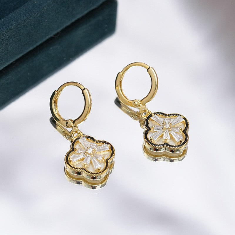 Vintage Enamel Clover Pave Diamond Hoop Earrings, Light Luxury Double Layer Shell Drop Dangles