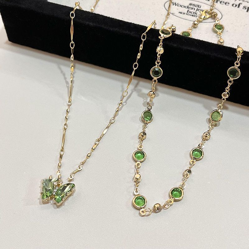 Two-Layer Stackable Color Crystal Butterfly Necklace, Bezel-Set Round Diamond Chain with Butterfly Pendant, Fresh Forest-Style Double Collarbone Chain