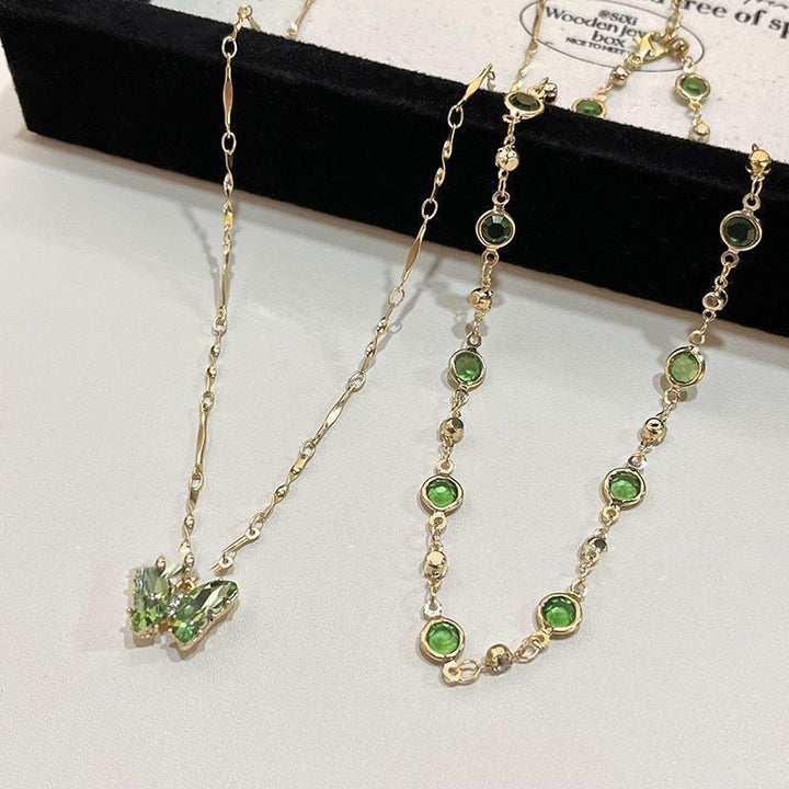 Two-Layer Stackable Color Crystal Butterfly Necklace, Bezel-Set Round Diamond Chain with Butterfly Pendant, Fresh Forest-Style Double Collarbone Chain