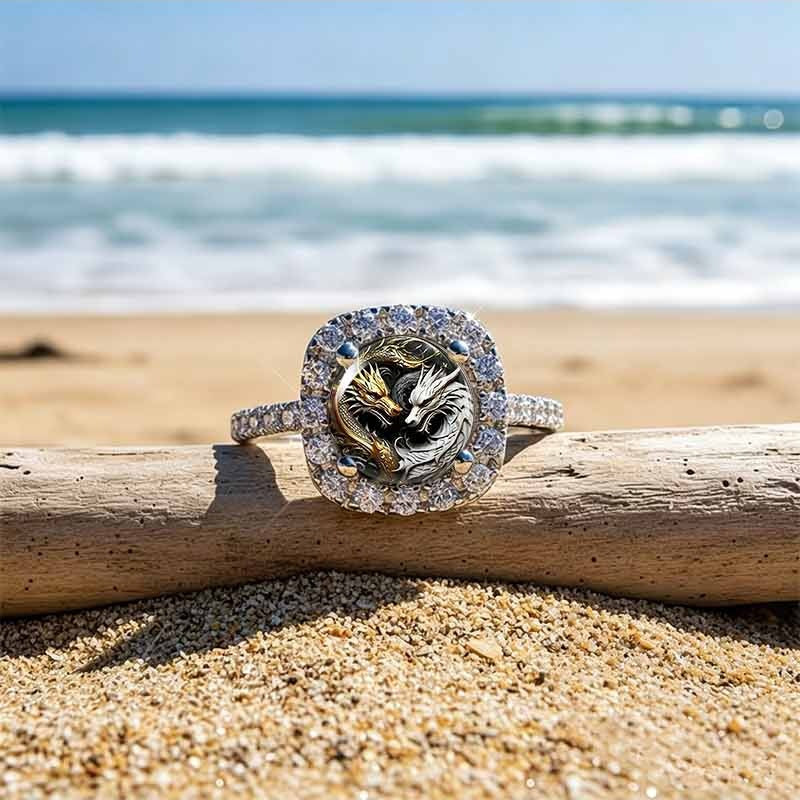 Square Halo‑Set Yin‑Yang Dual‑Dragon Printed Ring