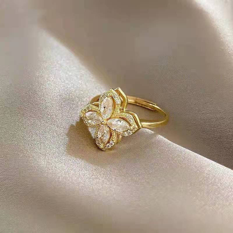 Double Layer Clover Marquise Diamond Jewelry Set, Necklace Earring Ring Luxury Gold Floral Jewelry 3Pcs Set