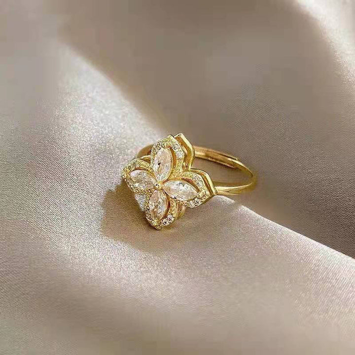 Double Layer Clover Marquise Diamond Jewelry Set, Necklace Earring Ring Luxury Gold Floral Jewelry 3Pcs Set