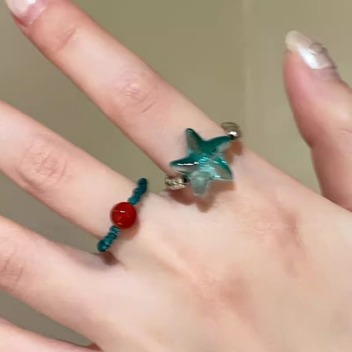 Ocean-Inspired Star Beaded Stretch Ring (2pcs Cute Stackable Band Set)