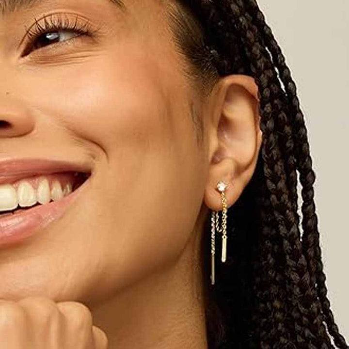 Minimal Double Chain Bar Tassel Stud Earrings, Single Crystal Asymmetrical Long Diamond Drop Jewelry in Gold & Silver