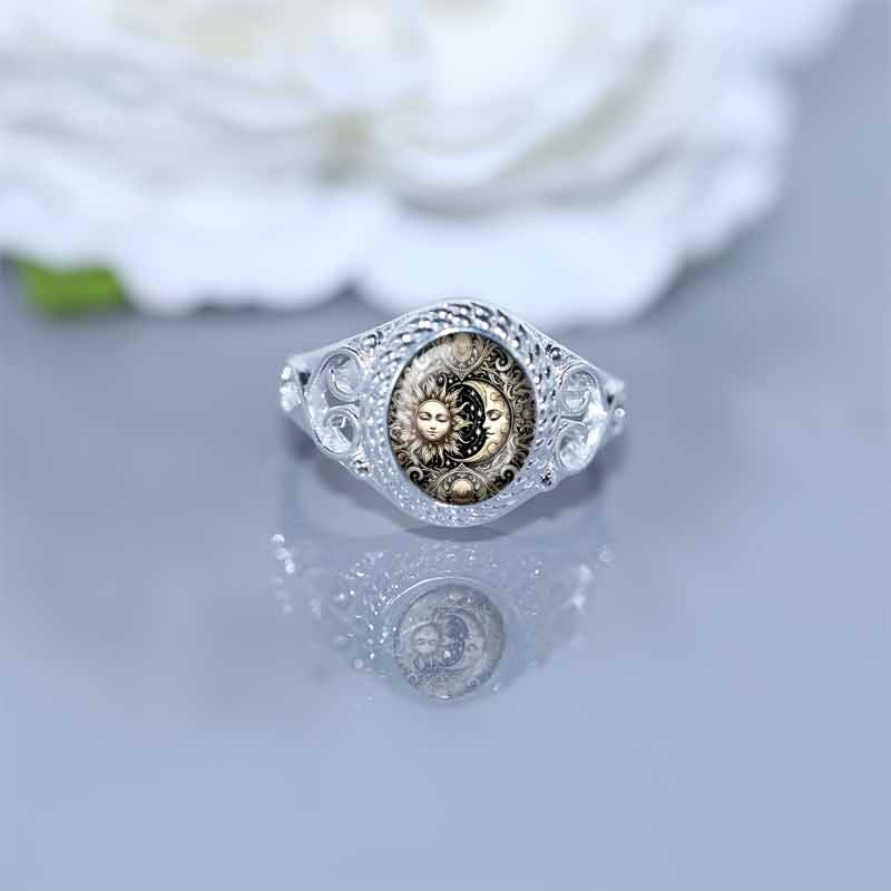 Vintage Sun‑Moon Print Open‑work S925 Sterling Silver Ring