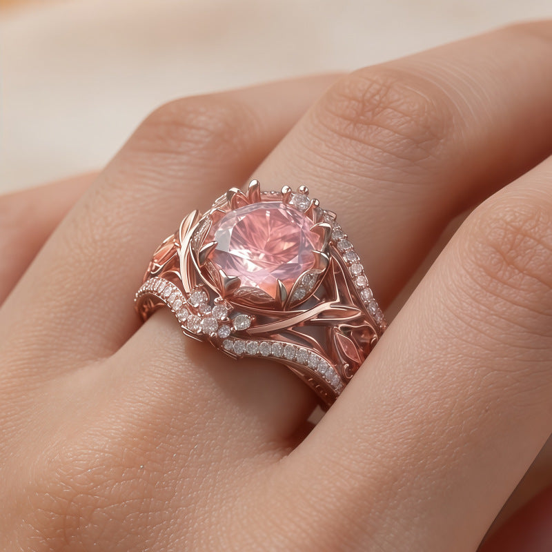 Rose Gold Lotus Pink Diamond Hollow Ring, S925 Silver Vintage Floral Luxury Women Ring