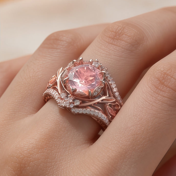 Rose Gold Lotus Pink Diamond Hollow Ring, S925 Silver Vintage Floral Luxury Women Ring