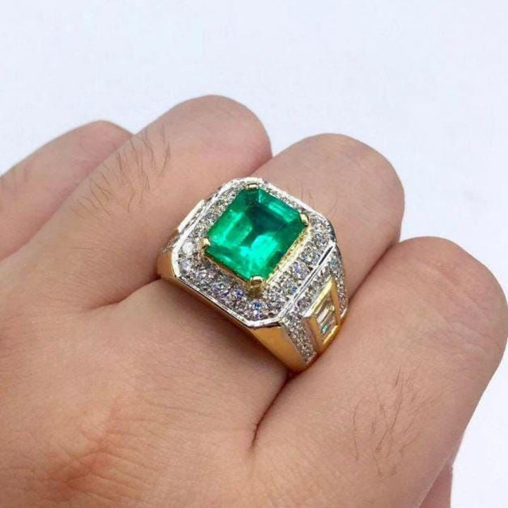 Men’s Square Green Center Stone Halo Bold Ring