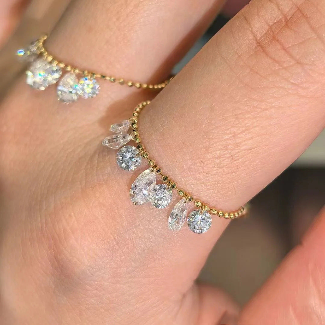 S925 Silver Pear & Round Diamond Chain Adjustable Ring, Tassel Diamond Flexible Slide Ring
