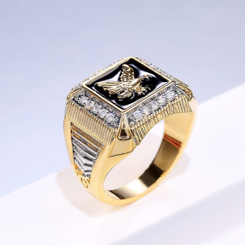 Black Enamel Eagle Embossed Square Men Signet Ring, Luxury Paved Diamond Wide Vintage Business Statement Band