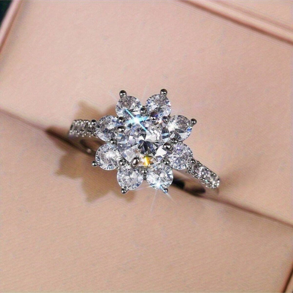 S925 Silver Sunflower Halo Diamond Ring, Luxury Pave‑Shank Engagement Proposal Women Ring