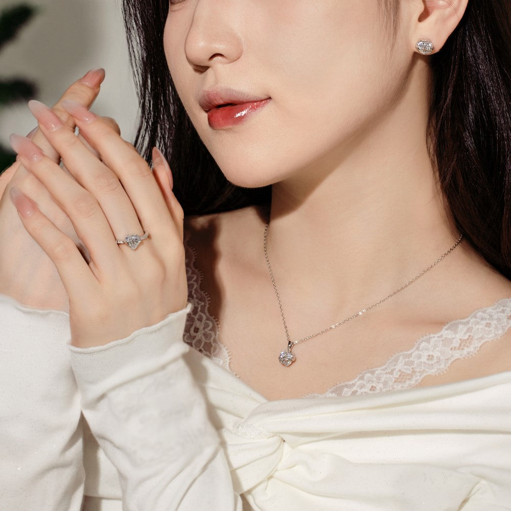 Heart Diamond Bow Jewelry Set (Earrings, Necklace, Ring Delicate Luxury Accessories)