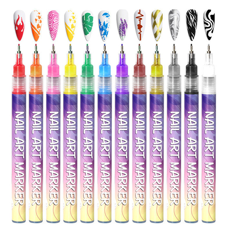 12 Colors Nail Art Marker Pen Set, Quick Dry Free Outline Nail Drawing & Graffiti Pens
