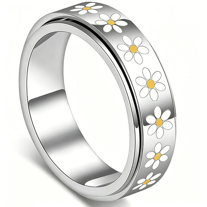 Daisy Enamel Spinner Ring, Anxiety Relief Rotatable Daisy S925 Silver Band
