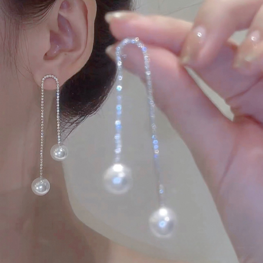 Pavé U-Shape Pearl Drop Threader Earrings (2 Colors Delicate Luxury Jewelry)