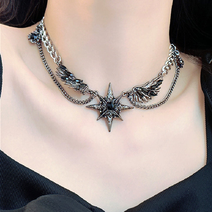 Vintage Wing Star Layered Spliced Necklace, Cool Wing Diamond Unisex Statement Choker