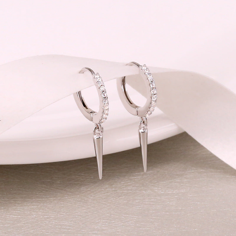S925 Silver Pave Crystal Hoop Spike Dangle Huggie Earrings, Edgy Long Rivet‑Style Drop Earrings, Gold / Silver Two‑Tone