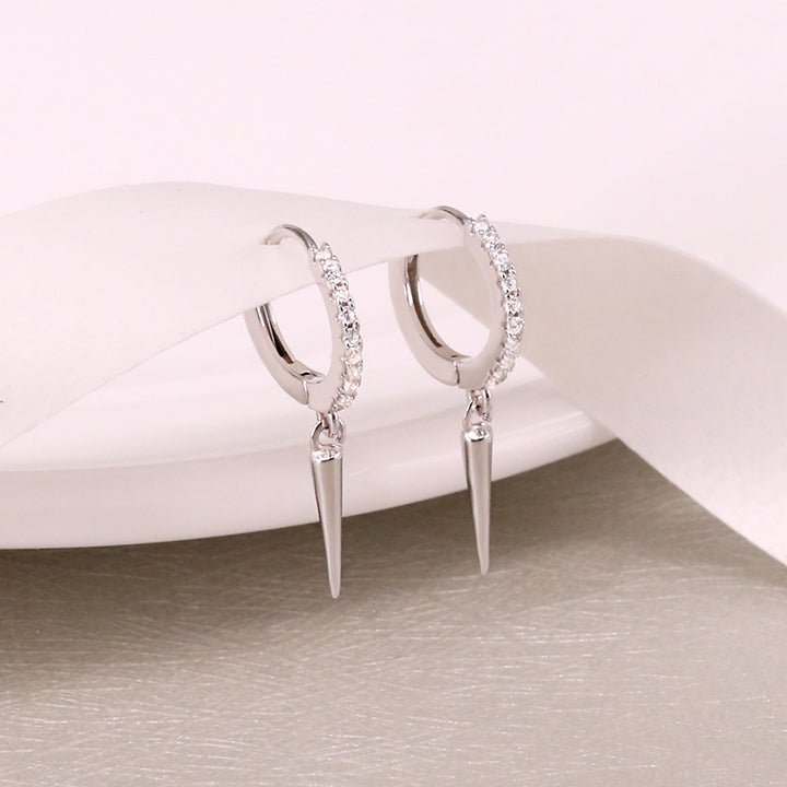 S925 Silver Pave Crystal Hoop Spike Dangle Huggie Earrings, Edgy Long Rivet‑Style Drop Earrings, Gold / Silver Two‑Tone