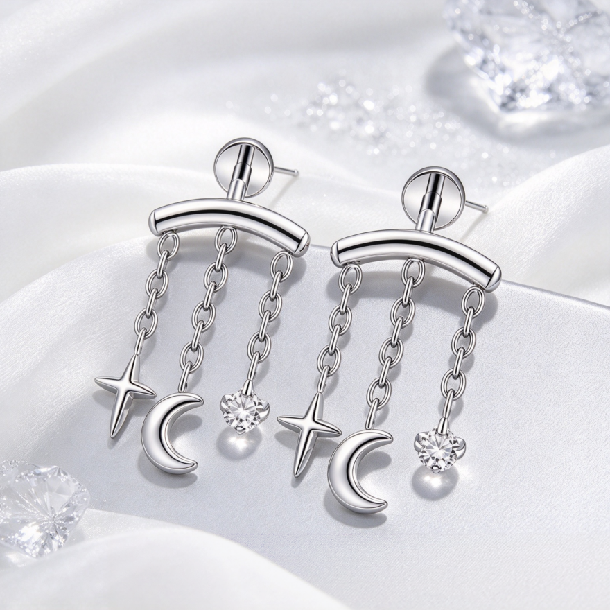 Star Moon Triple Chain Tassel S925 Silver Stud Earrings, Curved Bar Cross Star Moon Diamond Pair Earrings, Gold & Silver Two Tones
