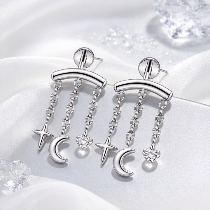 Star Moon Triple Chain Tassel S925 Silver Stud Earrings, Curved Bar Cross Star Moon Diamond Pair Earrings, Gold & Silver Two Tones